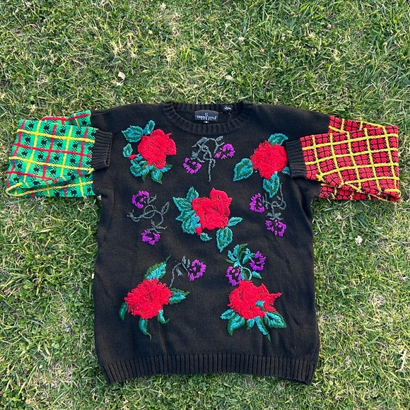 Carole Little Sport Vintage 80’s Rare Hand Knit Rose & Mix Print Sweater - Picture 1 of 10
